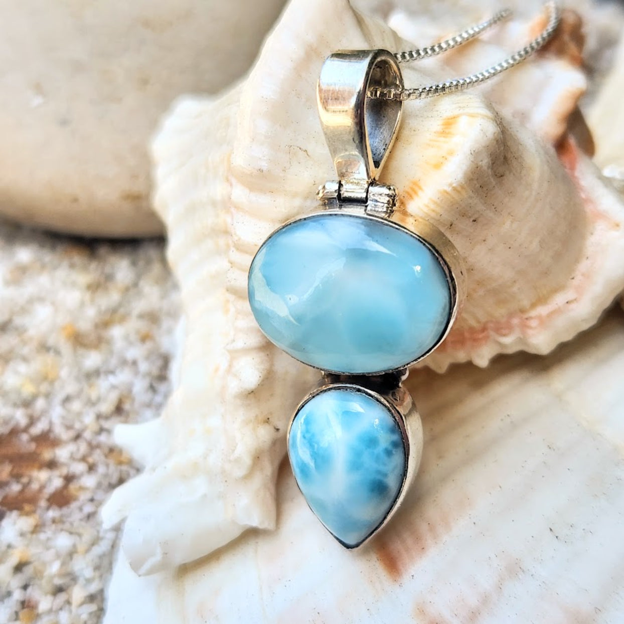 DEEPEST BLUE SEA - 925 LARIMAR DOUBLE STONE PENDANT NECKLACE