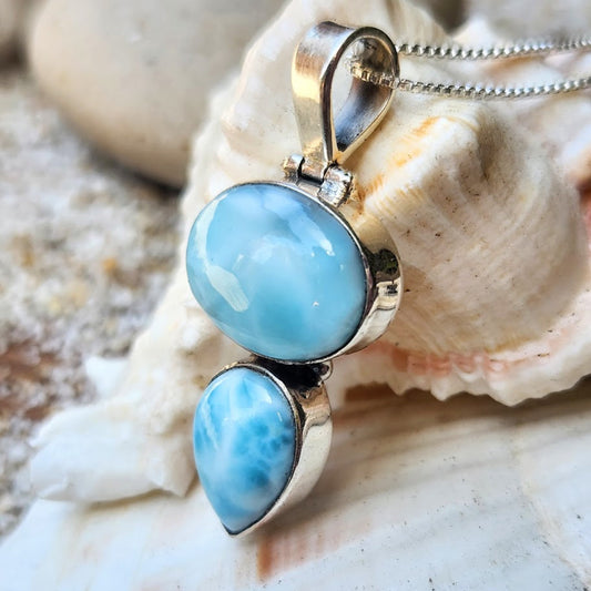 DEEPEST BLUE SEA - 925 LARIMAR DOUBLE STONE PENDANT NECKLACE