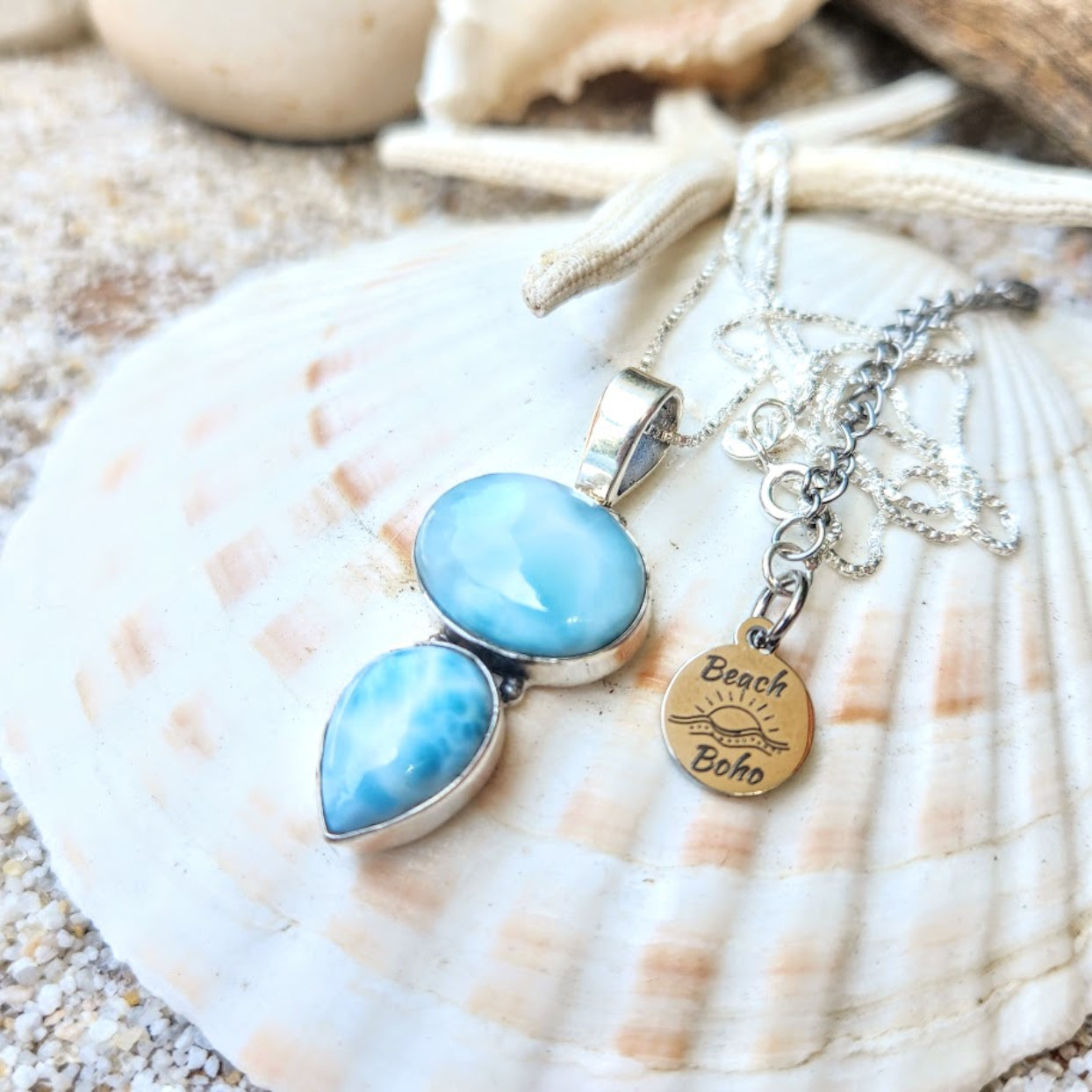 DEEPEST BLUE SEA - 925 LARIMAR DOUBLE STONE PENDANT NECKLACE