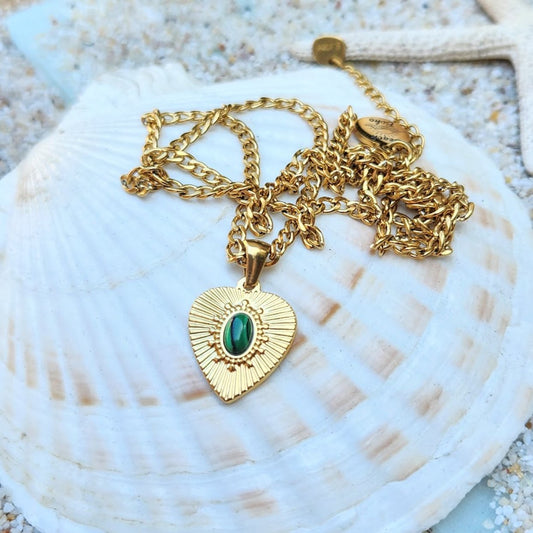 PURE OF HEART  - WATERPROOF 18K GOLD MALACHITE  STONE PENDANT NECKLACE