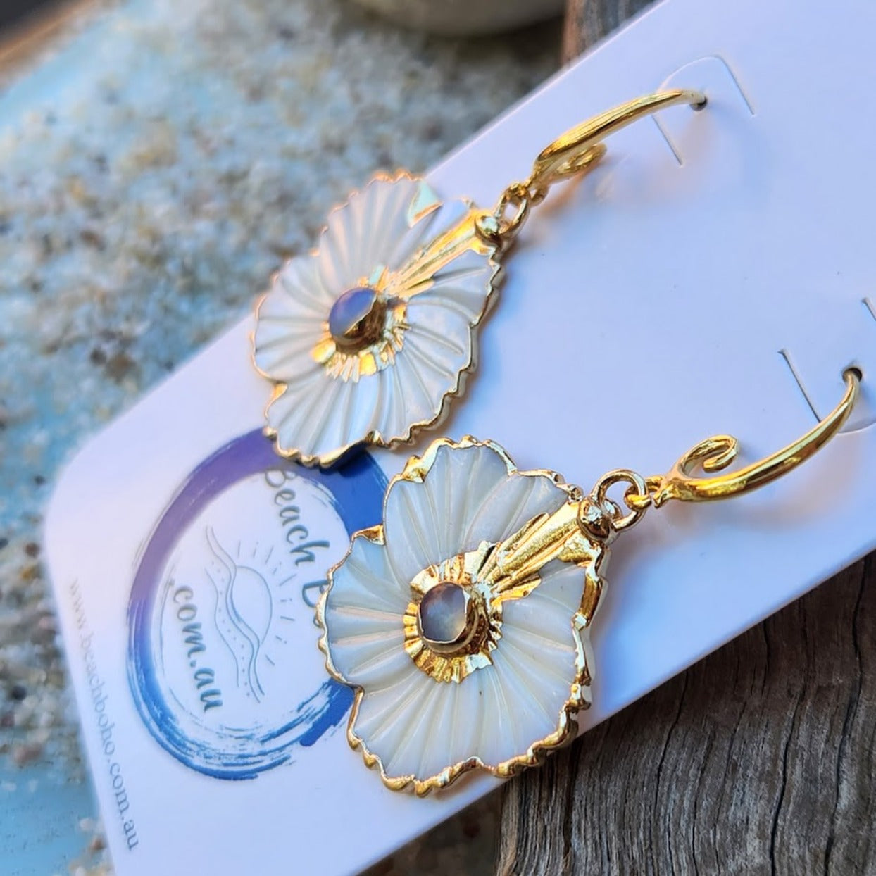 MOON FLOWERS - CARVED SHELL ELECTROPLATED HOOK EARRINGS - Premium earrings from www.beachboho.com.au - Just $40! Shop now at www.beachboho.com.au