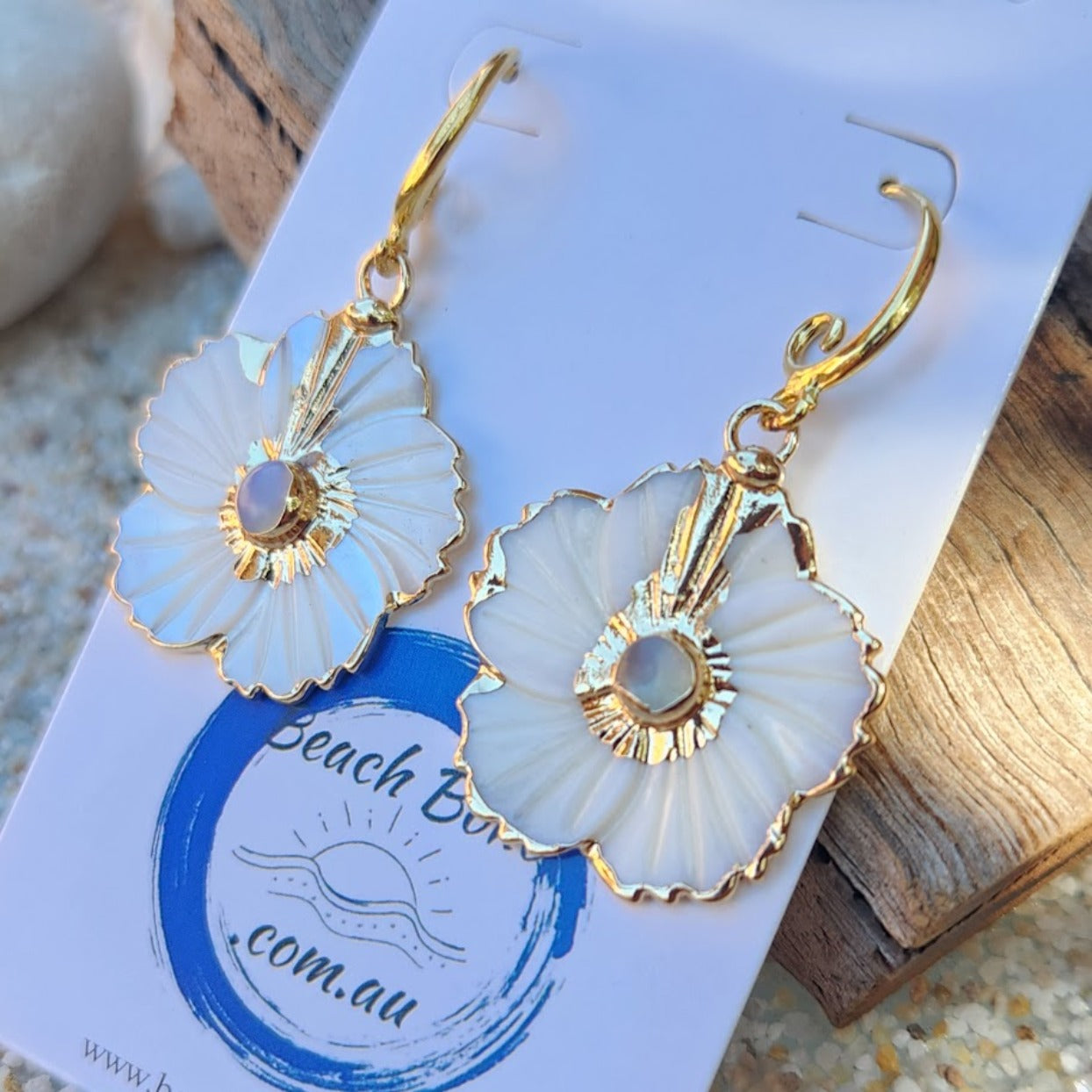 MOON FLOWERS - CARVED SHELL ELECTROPLATED HOOK EARRINGS - Premium earrings from www.beachboho.com.au - Just $40! Shop now at www.beachboho.com.au