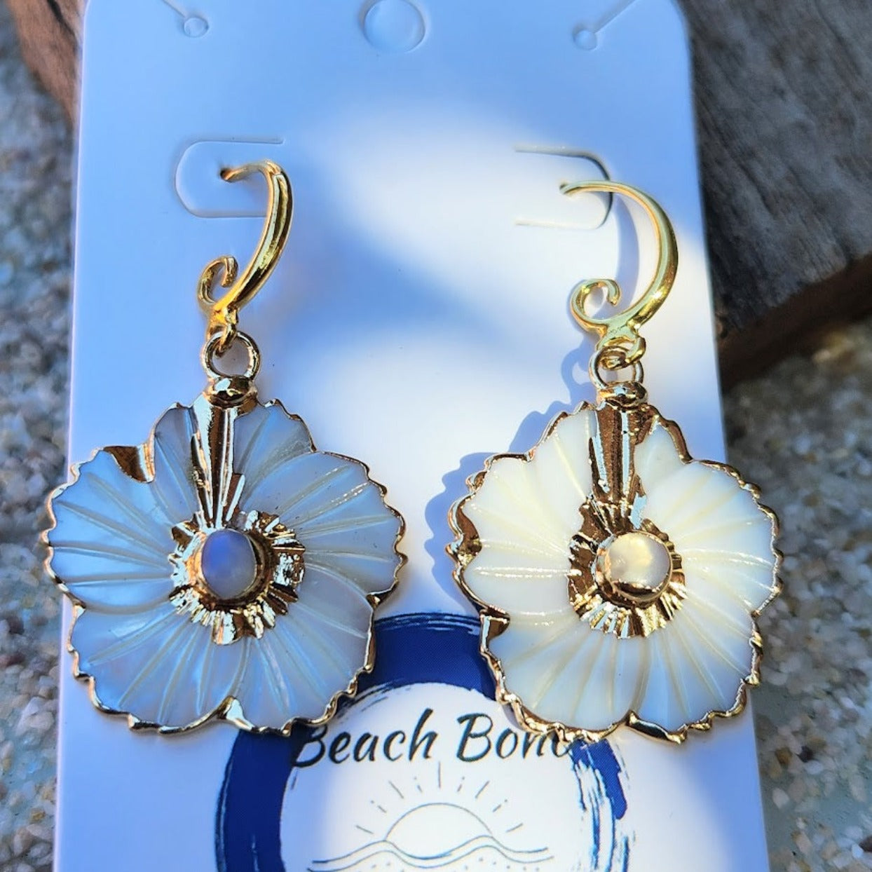 MOON FLOWERS - CARVED SHELL ELECTROPLATED HOOK EARRINGS - Premium earrings from www.beachboho.com.au - Just $40! Shop now at www.beachboho.com.au