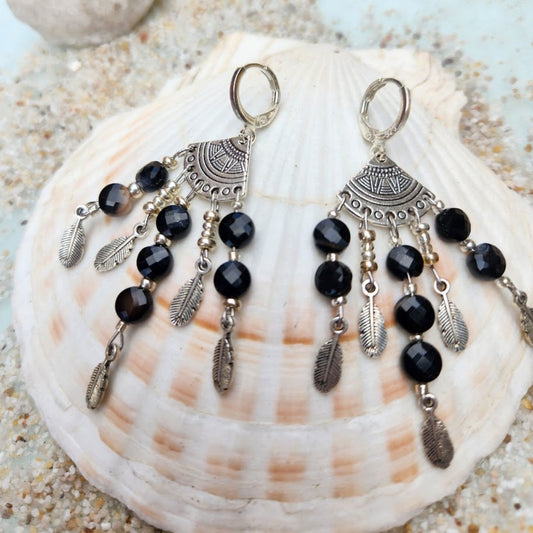 MAYAN LEAVES - 925 SMOKY QUARTZ  DANGLE EARRINGS