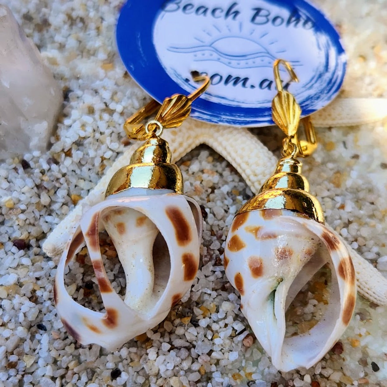 SPECKLED SHELLS GOLD HOOK BOHO EARRINGS www.beachboho