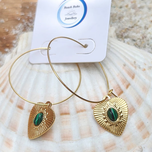 SO GREEN  -  18K GOLD MALACHITE WATERPROOF STONE HOOP EARRINGS