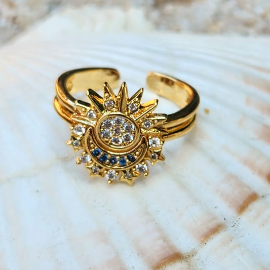 ABOVE ALL  - ADJUSTABLE WATERPROOF DOUBLE SUN MOON & STARS 18K GOLD RING