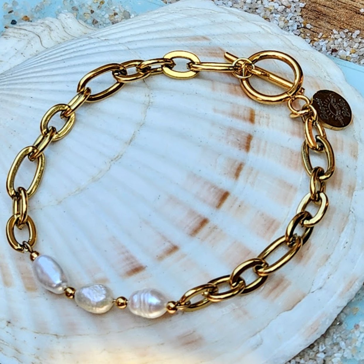 WHITE BAROQUE PEARL - T LOCK CHAIN WATERPROOF 18K GOLD BRACELET