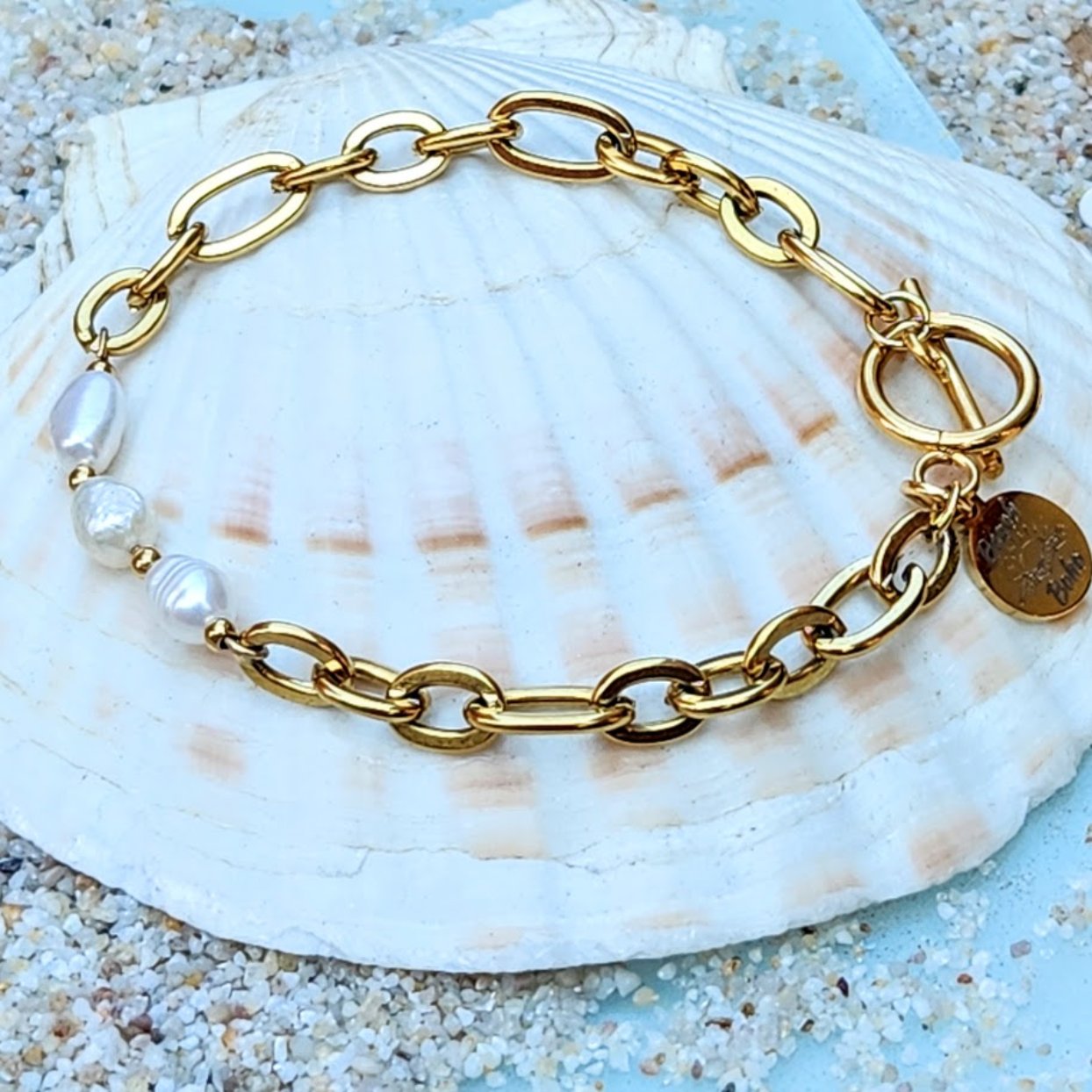 WHITE BAROQUE PEARL - T LOCK CHAIN WATERPROOF 18K GOLD BRACELET