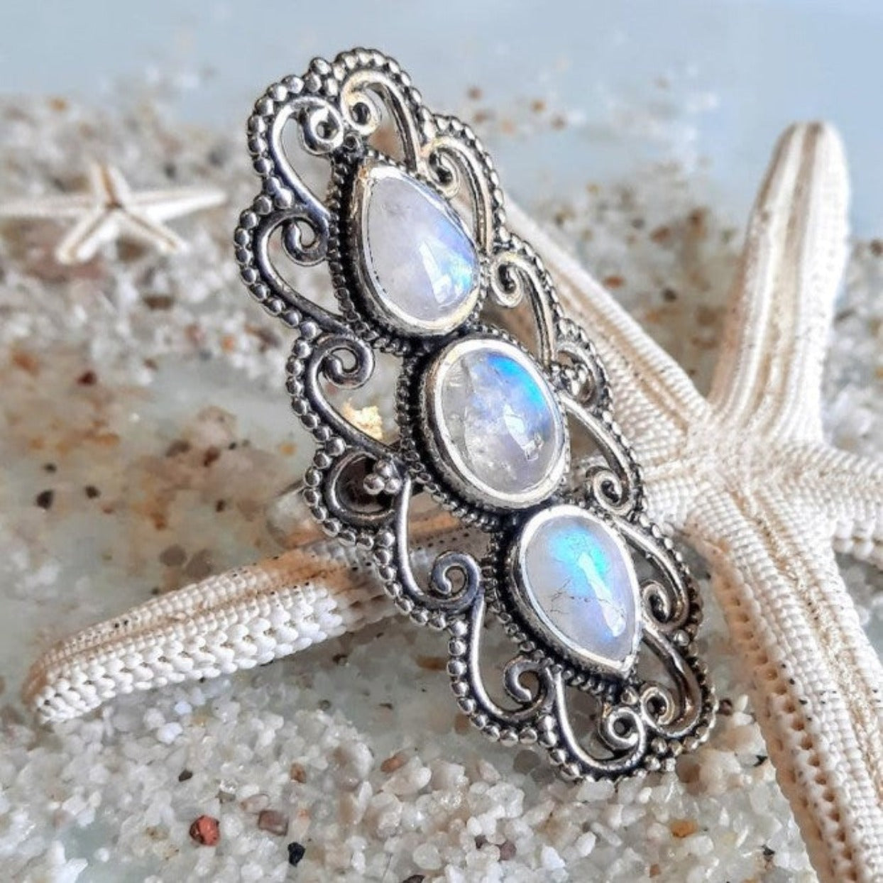 Wide silver ring with rainbow moonstone, large stone ring silver hotsell gold plated, unique ring with AAA natural stone, artisan jewelry