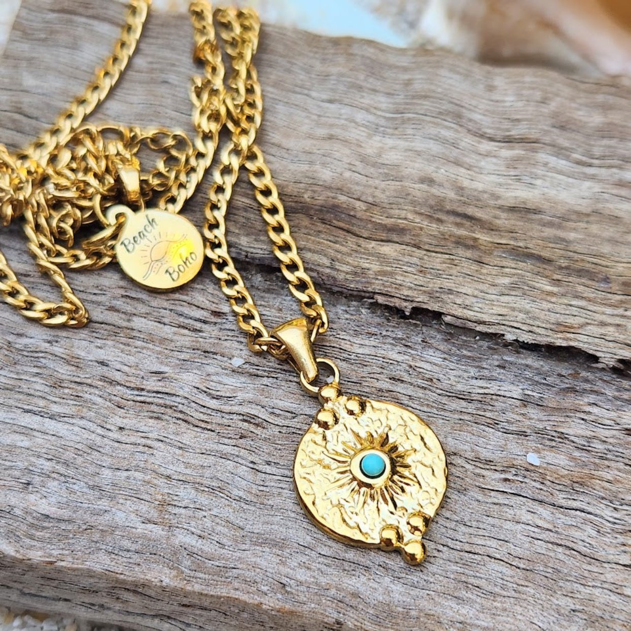 HAMMERED HEART  - WATERPROOF 18K GOLD TURQUOISE  STONE PENDANT NECKLACE