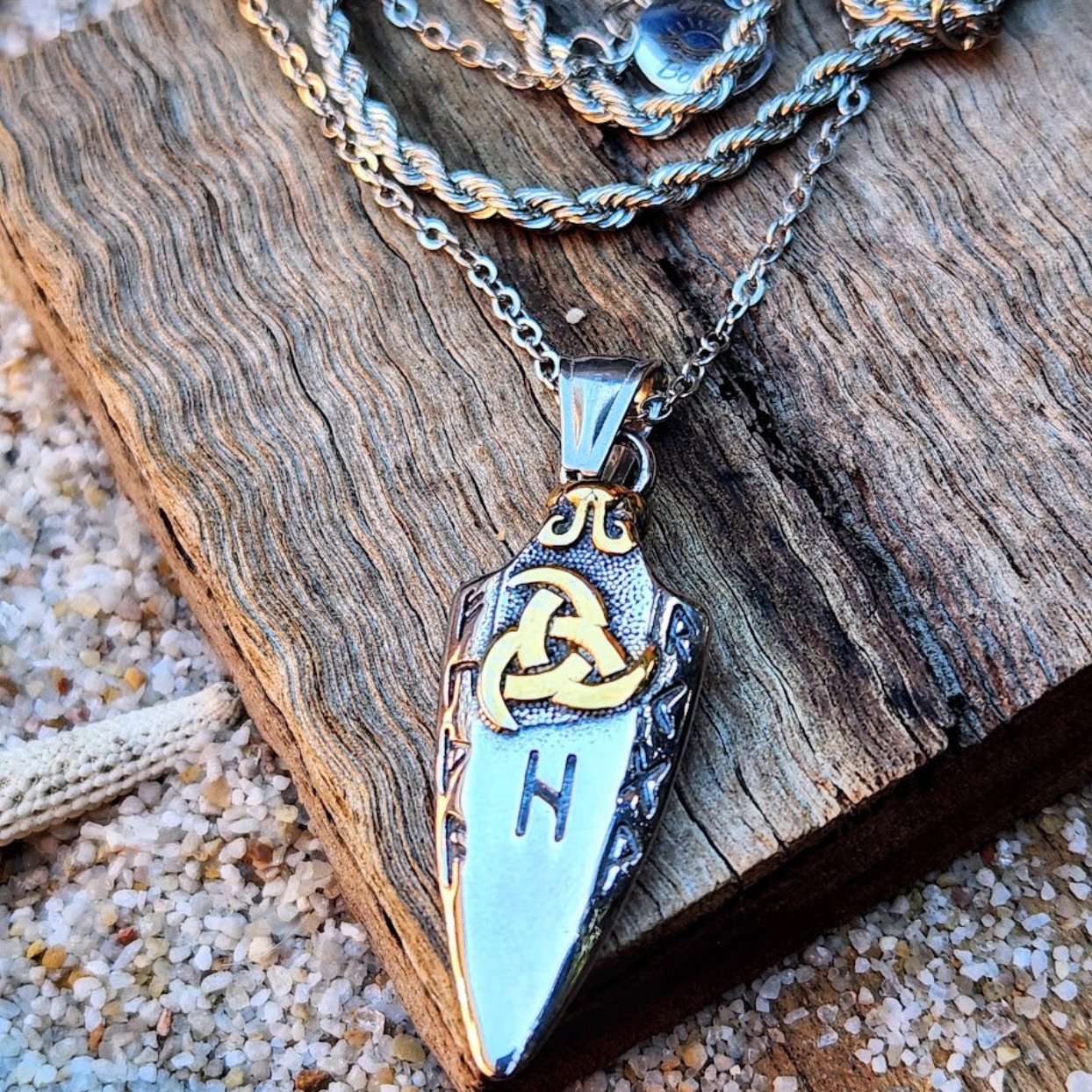 VIKING RUNE NECKLACE SILVER & GOLD WATERPROOF MEN'S DOUBLE CHAIN NECKLACE