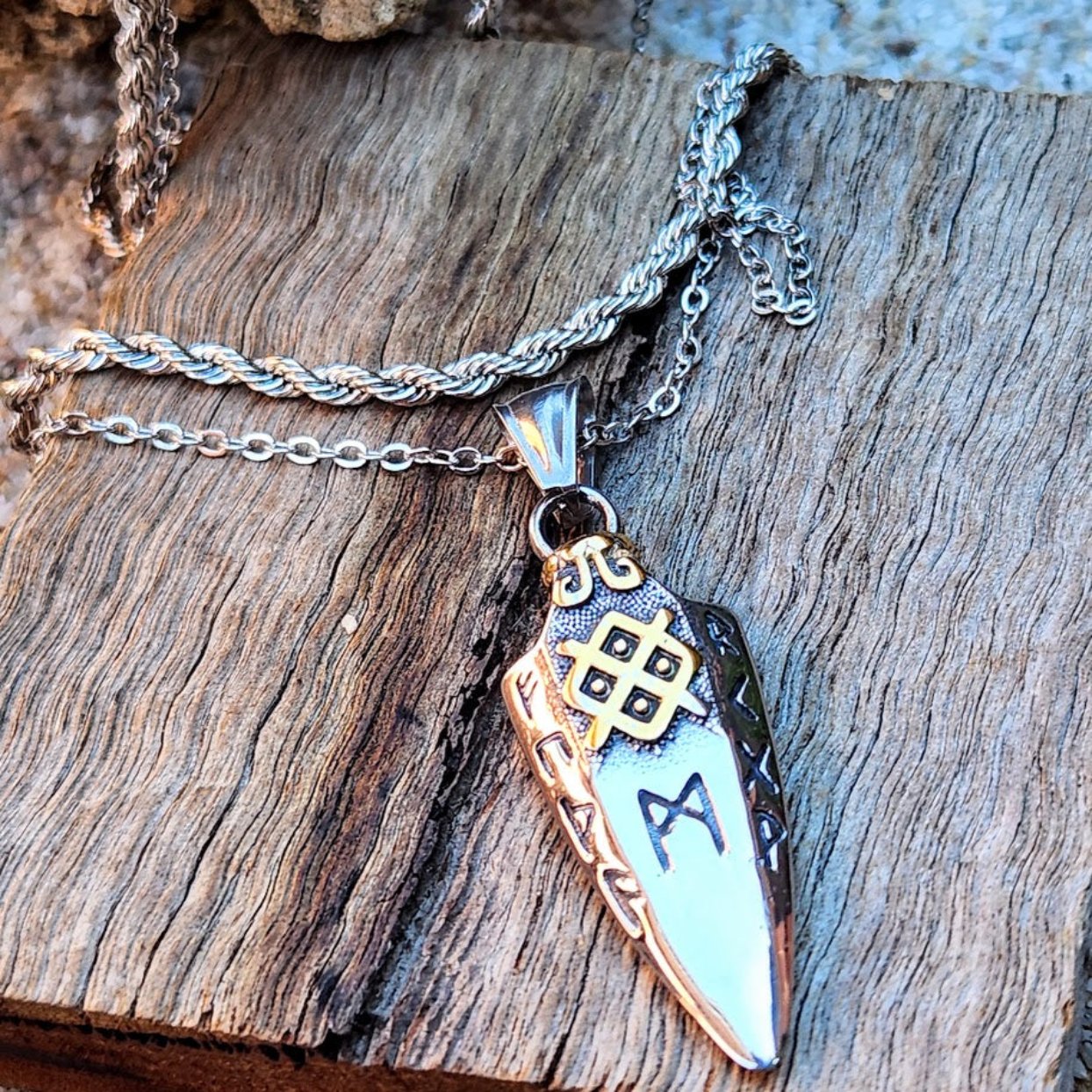 VIKING RUNE NECKLACE SILVER & GOLD WATERPROOF MEN'S DOUBLE CHAIN NECKLACE